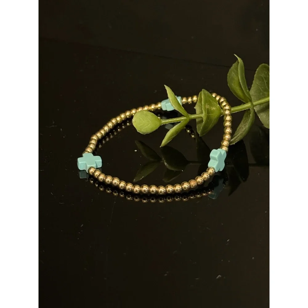 Enewton Gold Filled Beaded Bracelet Turquoise Cross Stretch Stackable 6 Inch
